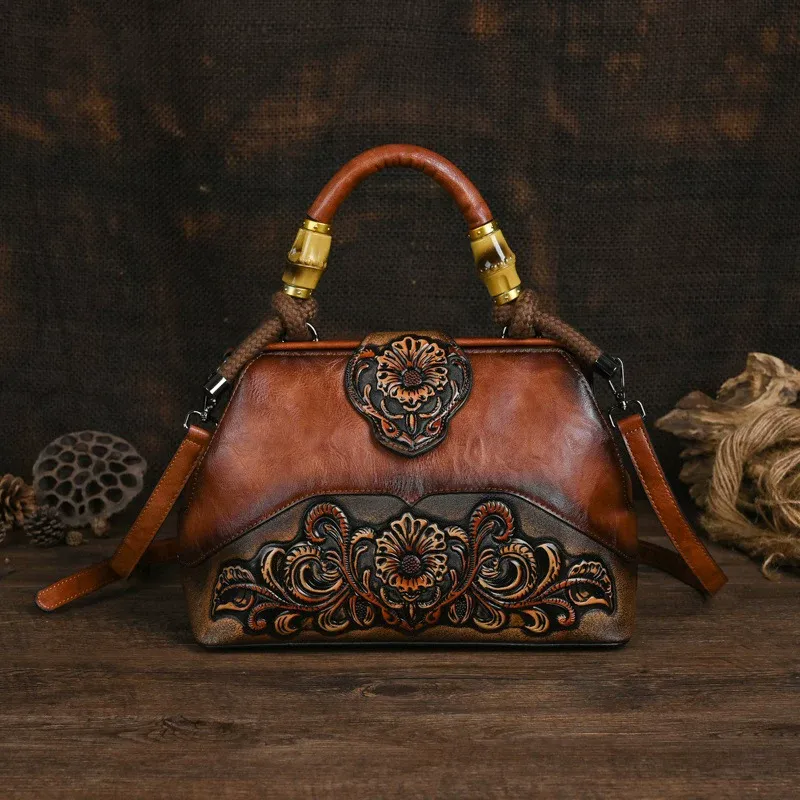 Floral Embossed Leather Top Handle Bag - Item AFS-12 view 3