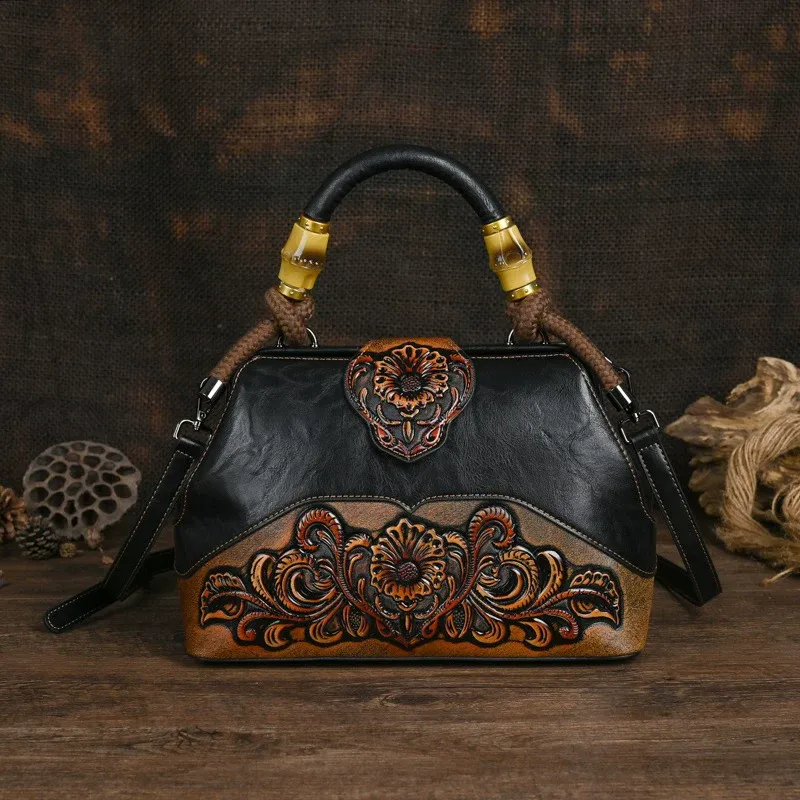 Floral Embossed Leather Top Handle Bag - Item AFS-12 view 5