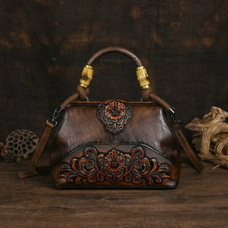 Floral Embossed Leather Top Handle Bag - Item AFS-12 view 8