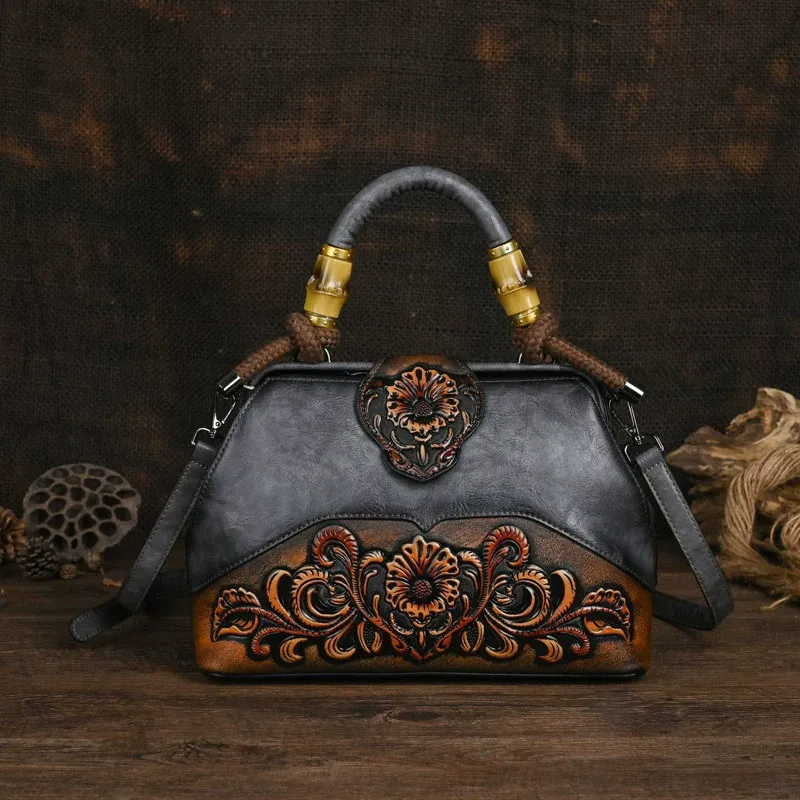 Floral Embossed Leather Top Handle Bag - Item AFS-12 view 9