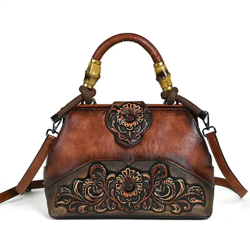 Floral Embossed Leather Top Handle Bag - Item AFS-12