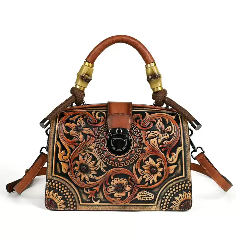 Floral Embossed Leather Handbag - Item AFS-13