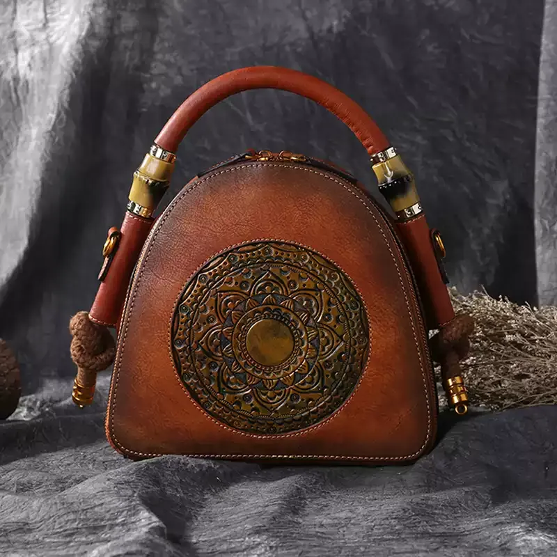 Burgundy Mandala Leather Handbag - Item AFS-18 view 6