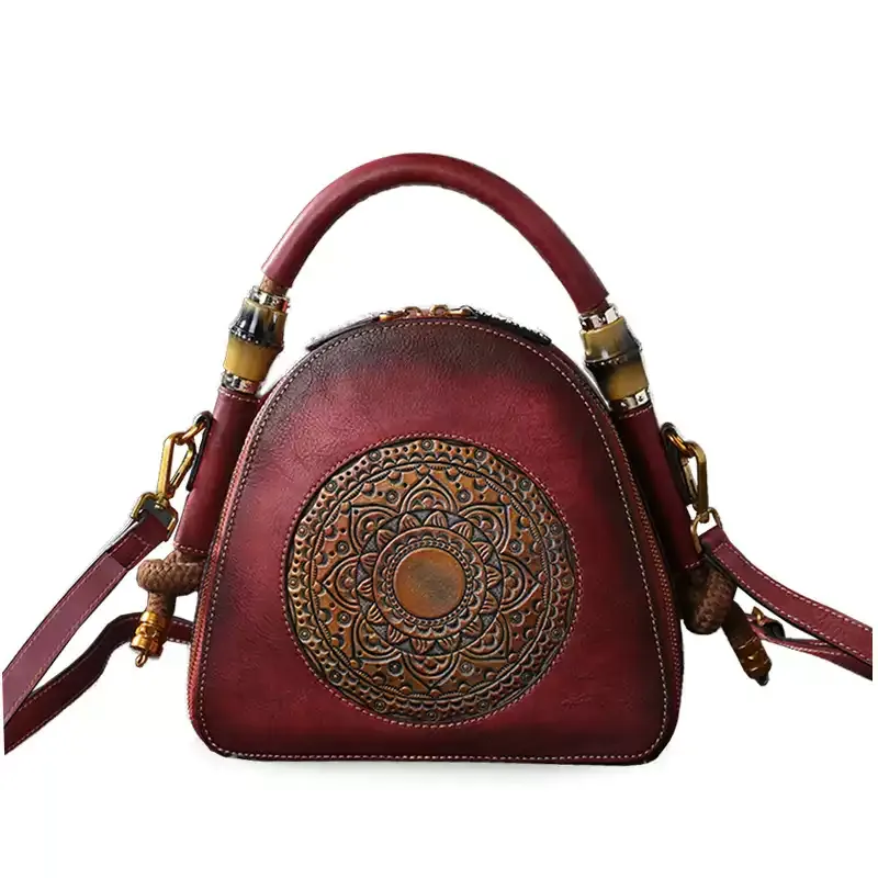 Burgundy Mandala Leather Handbag - Item AFS-18