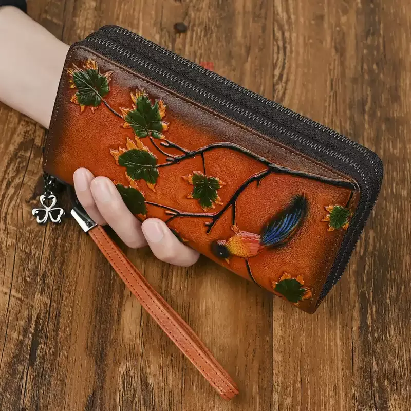 Bird and Leaves Embossed Leather Wallet - Item AFS-8 view 2