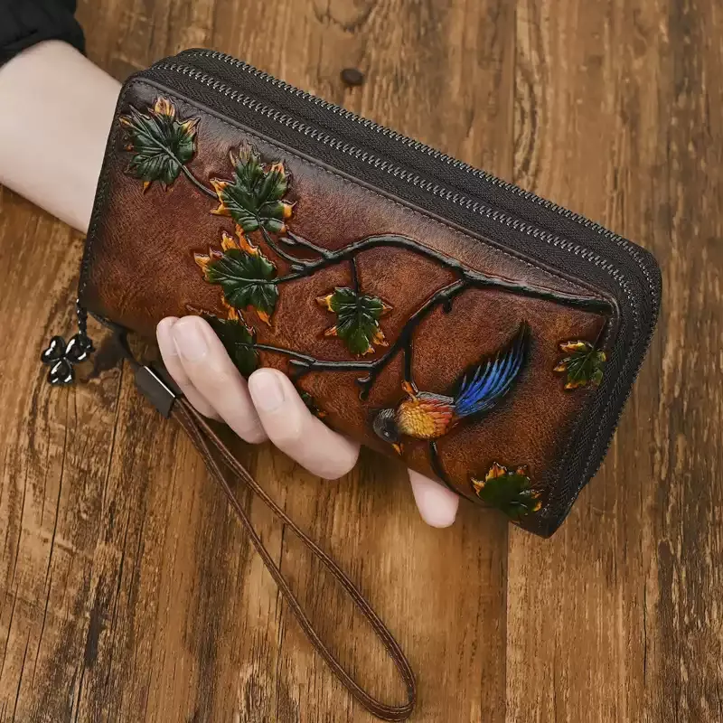 Bird and Leaves Embossed Leather Wallet - Item AFS-8 view 3