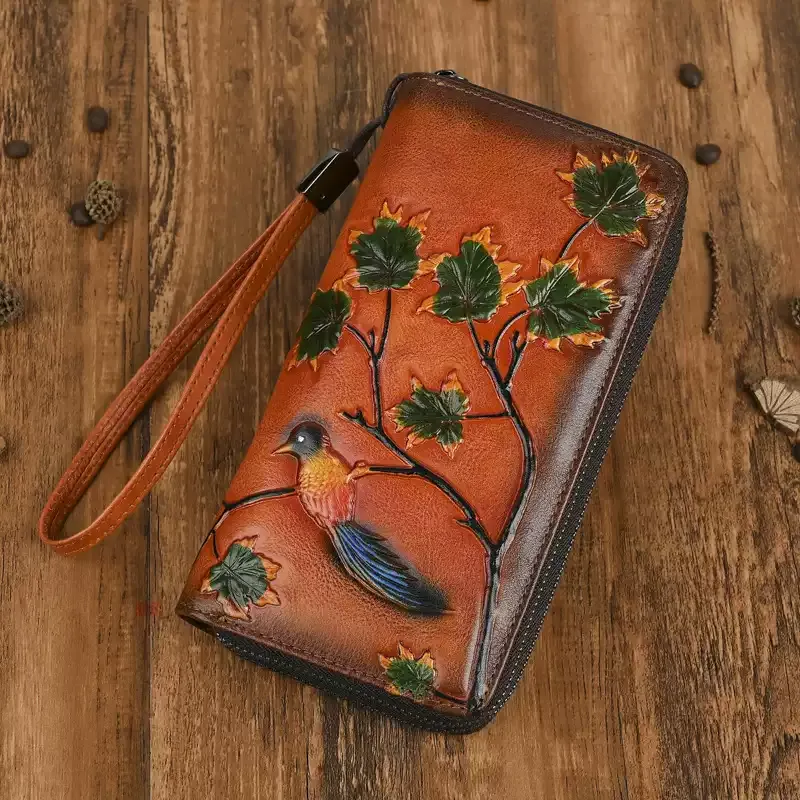 Bird and Leaves Embossed Leather Wallet - Item AFS-8 view 4