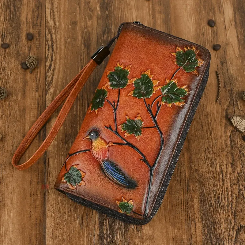 Bird and Leaves Embossed Leather Wallet - Item AFS-8 view 7