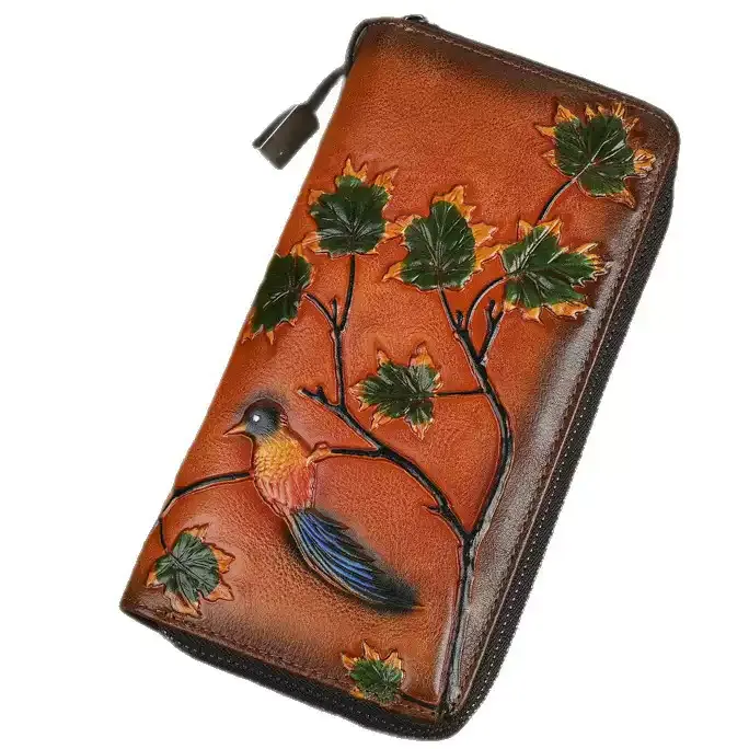 Bird and Leaves Embossed Leather Wallet - Item AFS-8