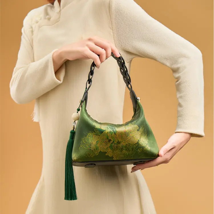 Deep Green Mulberry Silk Shoulder Bag - Item TX-1 view 3