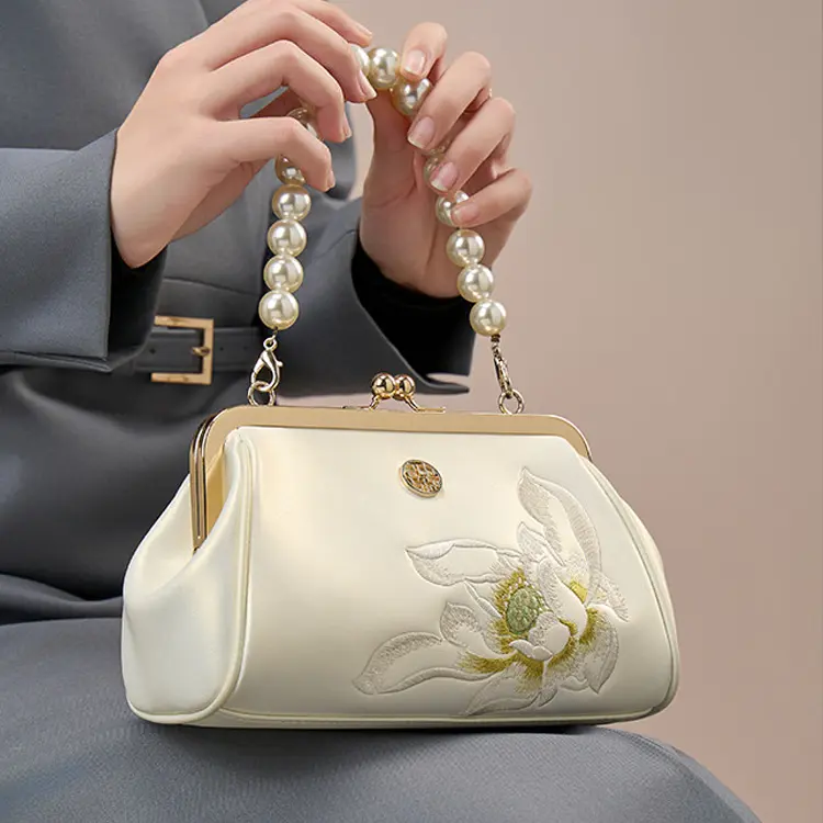 Pearl White Embroidered Frame Handbag - Item TX-2 view 3