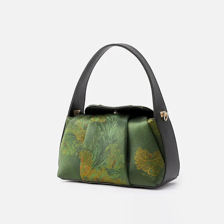 Green Silk Structured Shoulder Bag - Item TX-9
